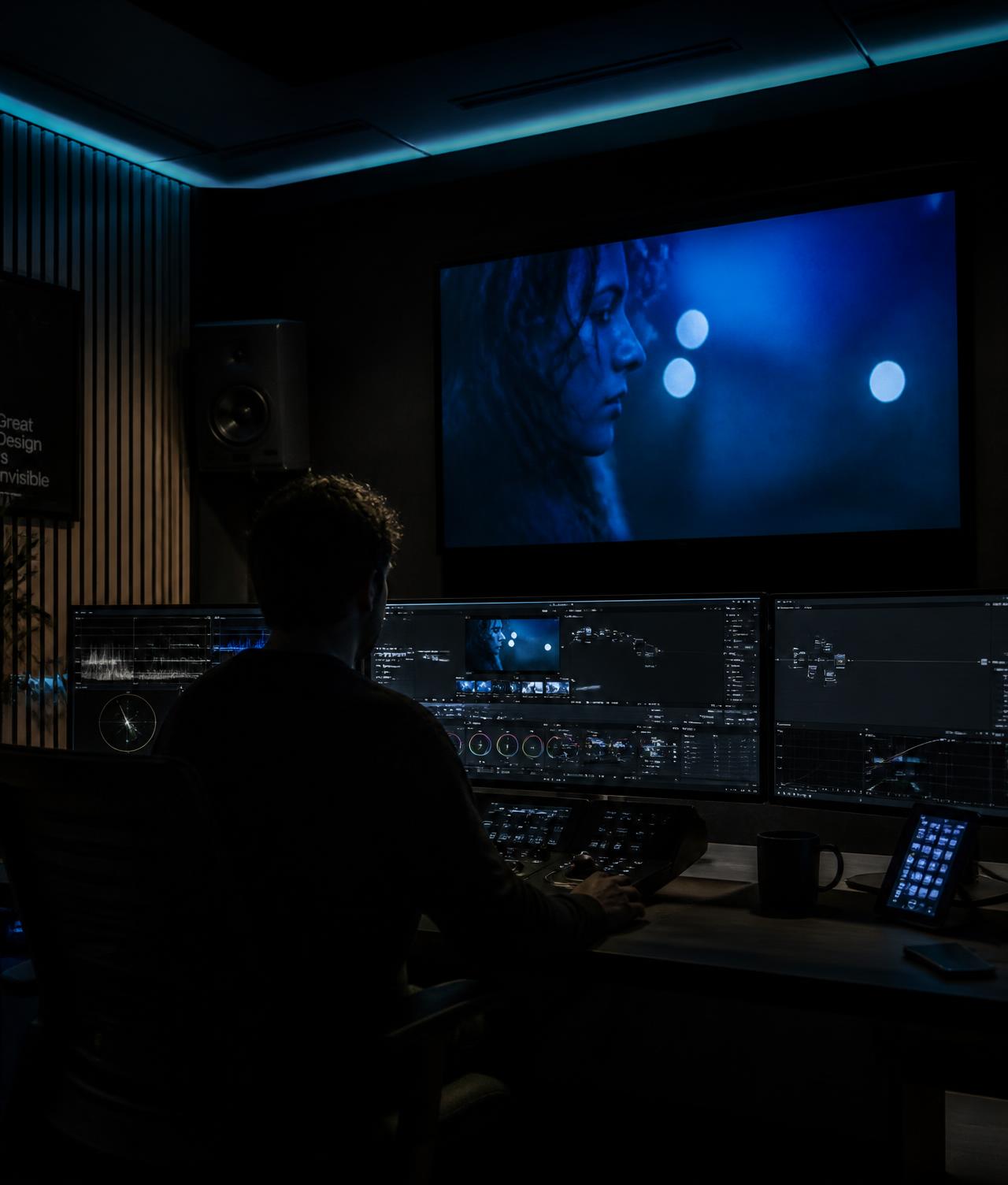 Creative studio workspace with colour-graded monitors